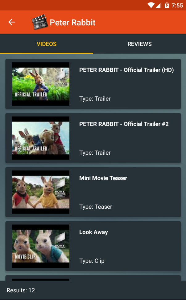 Popular Movies screen showing a list of video trailers